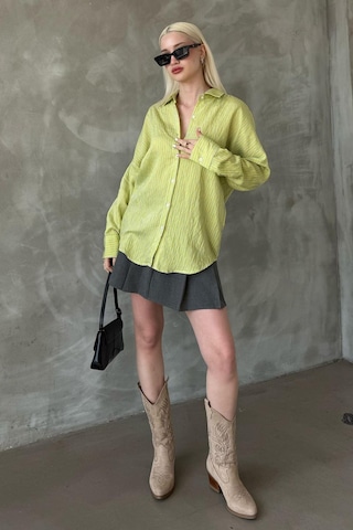 Madmext Sarı Çizgili Oversize Kadın Gömlek Mg2327 Sarı