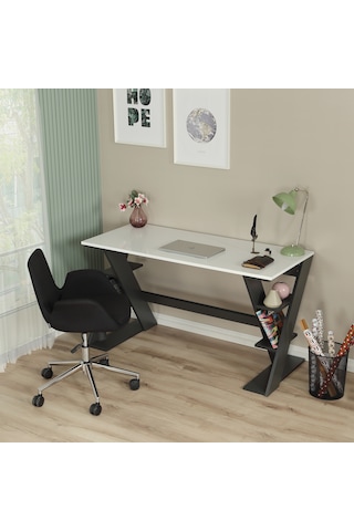 Pasific Home Lungo Raflı Çalışma Masası, Ofis Masası, 60X140 Cm, Antrasit&Beyaz Antrasit  -  Beyaz