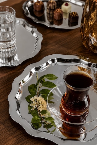 Jasper Elora 6'lı Paslanmaz Çelik Oval Kahve Sunum Tepsisi Servis Çay Tepsisi Dekoratif Tepsi Sunum Tepsi Gümüş