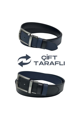Süzer Deri Lacivert / Siyah Çift Taraflı Suni Deri 4 Cm. Genişlik Dönerli Tokalı Spor Erkek Kemer // 7110-47 Lacivert