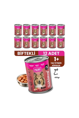 Hobi Hobidog Biftekli Yetişkin Köpek Konservesi 400 Gr X 12 Adet Tam Ve Dengeli Yaş Mama