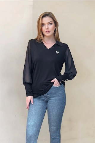 Kolları Şifon Düğme Detaylı Bluz Siyah