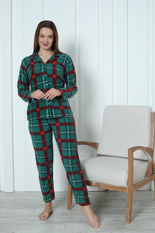 Fawn 3957 Boydan Düğmeli Polar Kışlık Kadın Pijama Takımı Yeşil