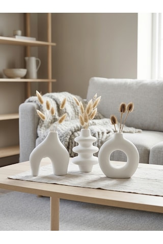 Kaveld Trio Forma El Yapımı 3'lü Dekoratif Vazo Seti, Kemer + Yığma Halka + Donut Form Mermer Tozu & Beton Minimalist Kuru Çiçek Vazosu Beyaz