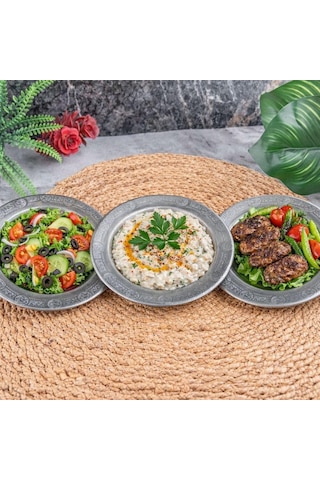3 Adet Krom Çelik Yuvarlak Servis Tabağı, 18 Cm, Kabartma Desenli, Paslanmaz, Salata Meze Köfte Sunumu, 3 Adet Gümüş