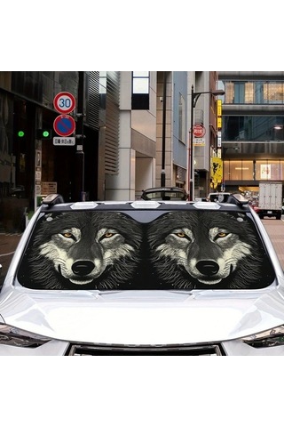 Pazly Wolf Yüzü Araba Rüzgarlık, 144x70cm, Polyester, Tüm Araçlar İçin, Suv Ve Kamyonlar İçin Güneşlik