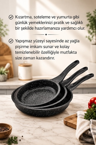 3'lü Tava Seti - Döküm Granit Yanmaz Yapışmaz Ergonomik Kulplu Premium Tava 21 - 25 - 30 Cm Siyah