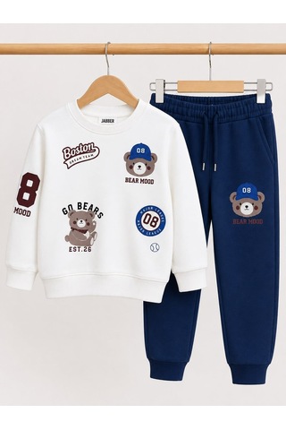 Eray Alp Kids Erkek Çocuk Ayıcık Baskılı Sweatshirt Eşofman Takımı Günlük Rahat Kombin Lacivert