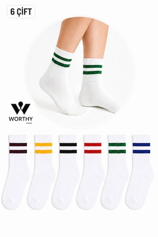 Worthy Socks 6'li Çizgili Unisex Pamuklu Tenis Kolej Çorap Beyaz