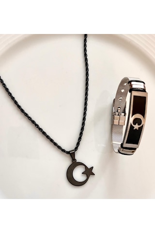 Gns Aksesuar Türk Bayrağı Figürlü Çelik Kolye & Bileklik Set