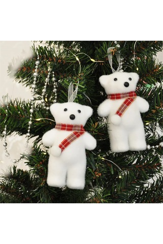 Yılbaşı Ağaç Süsü 2li Beyaz Ayıcık Gümüş-kırmızı Atkılı Diğer