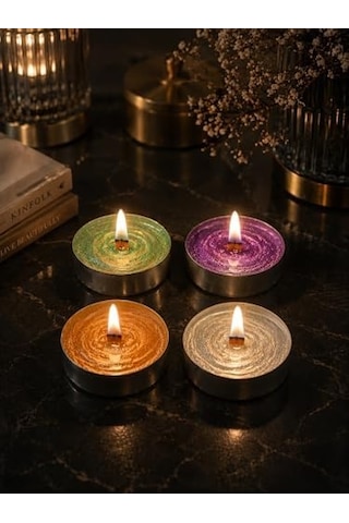 Sedefli Ahşap Fitil Tealight Mum Seti 20 Adet - Sandal Ağacı Kokulu, Yeşil, Sarı, Mor, Gri Renkli Diğer