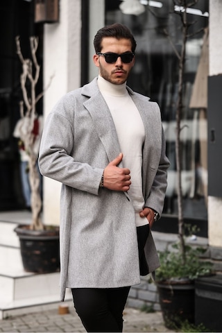 Mero Life Erkek Açık Gri Kemerli Oversize Rahat Kesim Kaşe Kaban Açık Gri