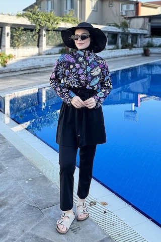 Hmm Swimwear Tam Kapalı Dokuma Tesettür Mayo T244-249 Siyah