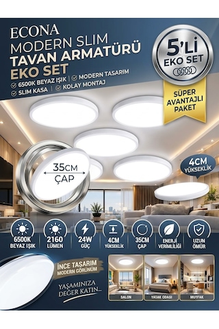 5 Adet --35 Cm Modern Tavana Sıfır Panel Led Avize 24watt 6500k Buz Beyazı Işık Uzun Ömürlü,ince Tasarım 24w Led Armatür / Buz Beyazı 6500k Tasarruflu Tavan Paneli Tavan Armatürü Beyaz