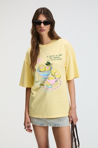 Grımelange NITZA Kadın %100 Pamuk Oversize Bisiklet Yaka Sarı T-Shirt
