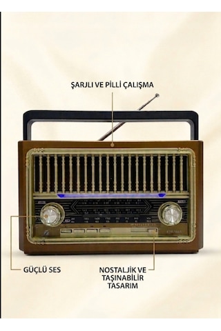 Kamptek Ktf-1655 Nostaljik Radyo - Bluetooth Hoparlör, El Fenerli, Şarjlı Ahşap Görünümlü Retro Müzik Kutusu