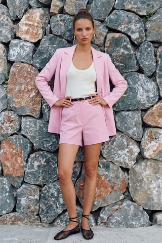 Sateen Keten Görünümlü Şort - Pembe-137761