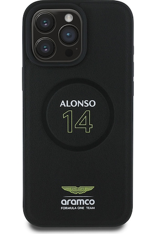 Apple Uyumlu iPhone 16 Pro Max Kılıf Aston Martin Lisanslı Magsafe Pu Deri Alonso 14 Baskılı Kapak Siyah