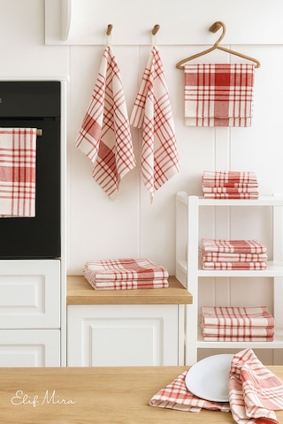 10 Lu Lüks Mutfak Kurulama Bezi Seti 45x65 Cm Table Linen Kırmızı