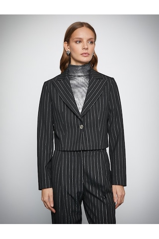 Koton Melis Ağazat X Koton - Simli Crop Blazer Ceket Siyah 3wak50063ew 3WAK50063EW999 Siyah