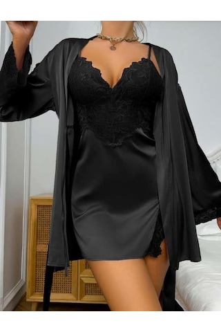 Dantel İşlemeli İnce Askılı Siyah 2'li Saten Gecelik Sabahlık Takımı Siyah