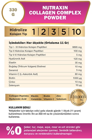 Nutraxin Collagen Complex Powder 330 Gr - Tip 1,2,3,5,10 Kolajen, Hyalüronik Asit, Selenyum, Seramid