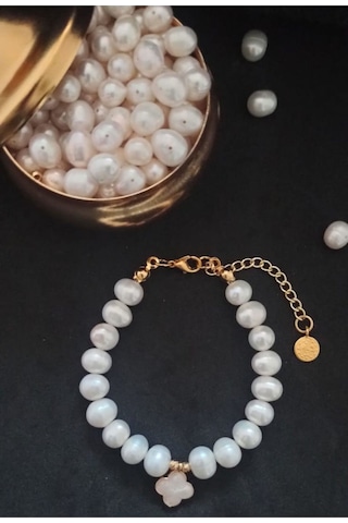 24k Altın Kaplama Gerçek İnci Sedef Yonca Detaylı Şık Bileklik Be Gold