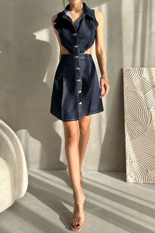 Nido Moda Kadın Yaka Detaylı Cut-out Mini Denim Elbise Lacivert