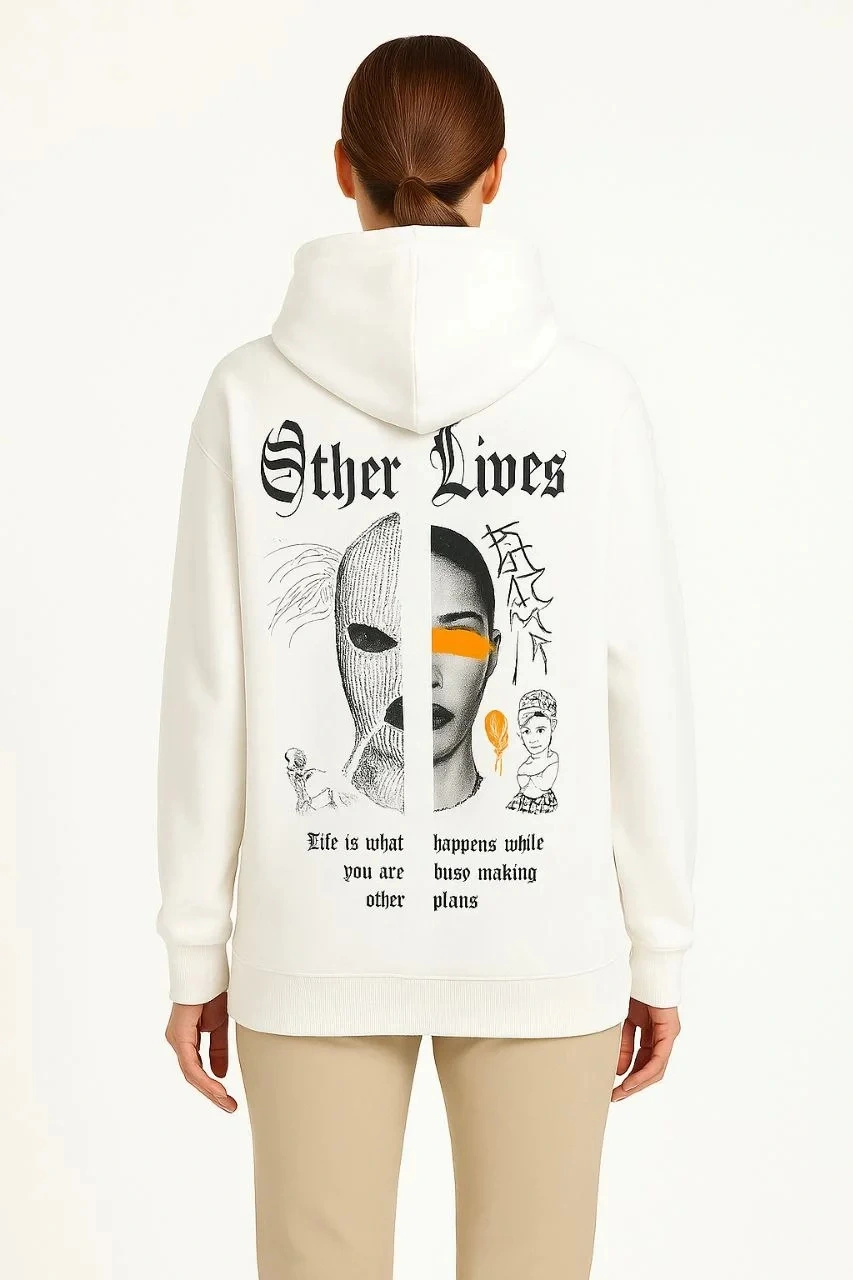 Kadın Kapşonlu Sweatshirt Oversize Üç İplik Şardonlu Hoodie, Other Lives Ön & Arka Baskılı, Kang Beyaz