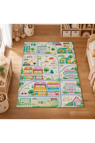 Kartela Halı Şehir Haritası Kaymaz Taban Çocuk Oyun Halısı - 60 X 90 Cm Çok Renkli