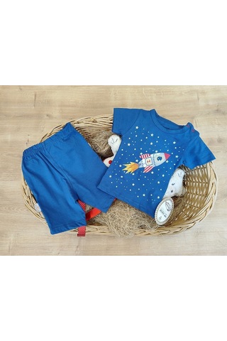 2'li Erkek Bebek Takım Indigo Roketli Şortlu 3-6-9-12 Ay Bebek Takımları Kıyafetleri Bebek Giyim İndigo