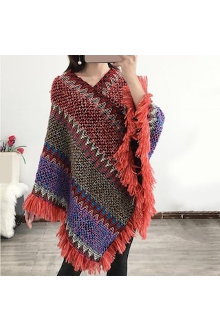 Novahub Haki Bohem Sonbahar Örme Ceket Örme Rahat Sonbahar Kış V Yaka Renkli Düzensiz Etek Pelerin Ceket Kazak Haki - M Haki