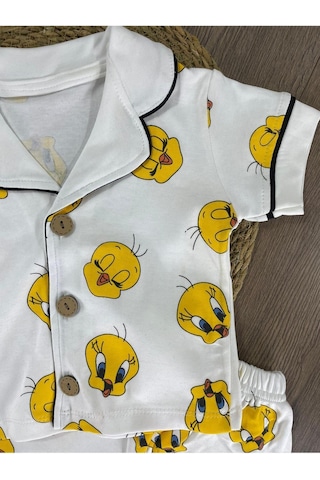 Kruvaze Yaka Önden Düğmeli Rahat Kalıp Yazlık Unisex Bebek Pijama Takımı %100 Pamuk 4bb2 Beyaz
