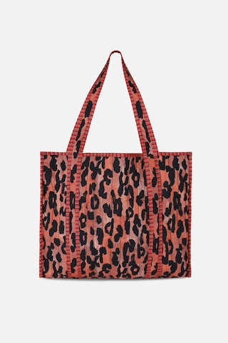 İcone Bag Patch Yama Desen Baskılı Kapitoneli Plaj Çantası, İçi Çizgili Baskılı Shopper Çanta, Pembe Plaj Çantası Leopar