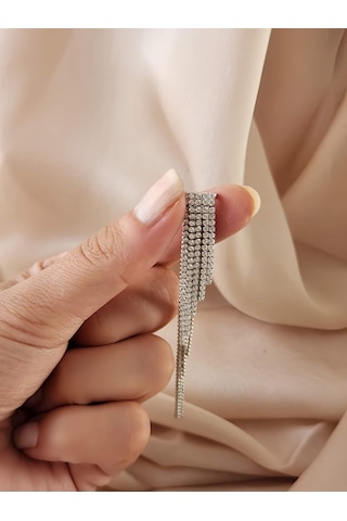 Eva Takı Store Kristal Taşlı Zincir Sallantılı Deliksiz Kıkırdak Silver Renkli Küpe Gümüş