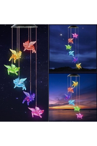 Qingmipy Güneş Enerjili Led Melek Kuyruklu Kuş Zil Lambası, Dış Mekan Dekorasyon Aydınlatması, Siyah Kasa 6 Işık, 6-8 Saat Süre Çalışır