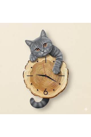 Cajuart Kütük Üzerinden Bakan Gri Kedi Tasarımlı Duvar Saati Modern Dekoratif Saat Kahverengi