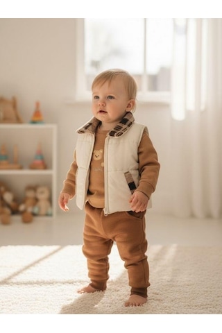 Erkek Bebek Yelekli 3 'lü Eşofman Takım-16230 Kahverengi