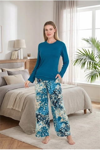 Go İthalat Kadın Şık Tasarım Desenli Geniş Paçalı Yumuşak Dokulu Viskon Kumaş 2'li Pijama Takımı mavi