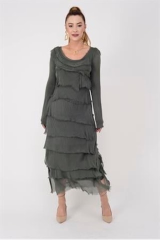 Italyan 2 Beden İnce Gösteren Kat Kat Uzun Kol Taşlanmış İpek Elbise Koyu Haki