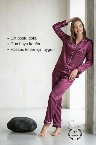 Svein Pijama Mor Saten Kadın Pijama Takımı Rahat Ev Giyim Günlük Ve Çeyizlik Nefes Alabilen Yumuşak Mor