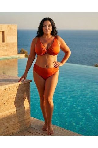 Büyük Beden Balenli Çapraz Detaylı Ayarlanabilir Askılı Toparlayıcı Kadın Bikini Takım Turuncu