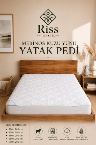 %100 Merinos Kuzu Yünü Yatak Pedi, Yatak Koruyucu, Yatak Alezi Beyaz