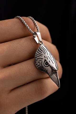 Osmanlı Gümüş Kartal Başı Figürlü Erkek Çelik Kolye Gümüş