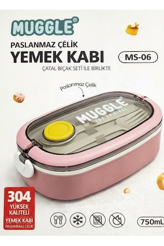Paslanmaz Çelik Yemek Kabı 750 Ml - Çatal Kaşık Setli, Çift Kilitli Tasarım- Pembe Renk Çok Renkli