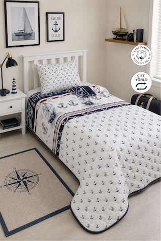 %100 Pamuk Kapitone Yatak Örtüsü Tek Kişilik Gemici Desenli 160x220 Cm + 1 Adet Yastık Kılıfı Lacivert