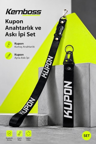 Kupon Yazılı Ayna Askı İpi Ve Kumaş Anahtarlık Seti Siyah Araç Aksesuarı Set