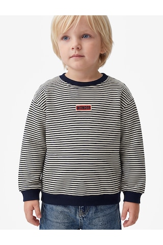 Koton Etiket Detaylı Şardonlu Bisiklet Yaka Uzun Kollu Oversize Çizgili Sweatshirt Lacivert Çizgili 7wmb10126tk