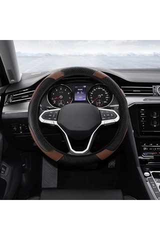 Yaleker Kahverengi Karbon Fiber Stili Deri Direksiyon Kılıfı - 37-38 Cm Evrensel Uyumlu, Nemi Emici, Kayma Engellli, Dayanıklı Ve Koruyucu Kahve